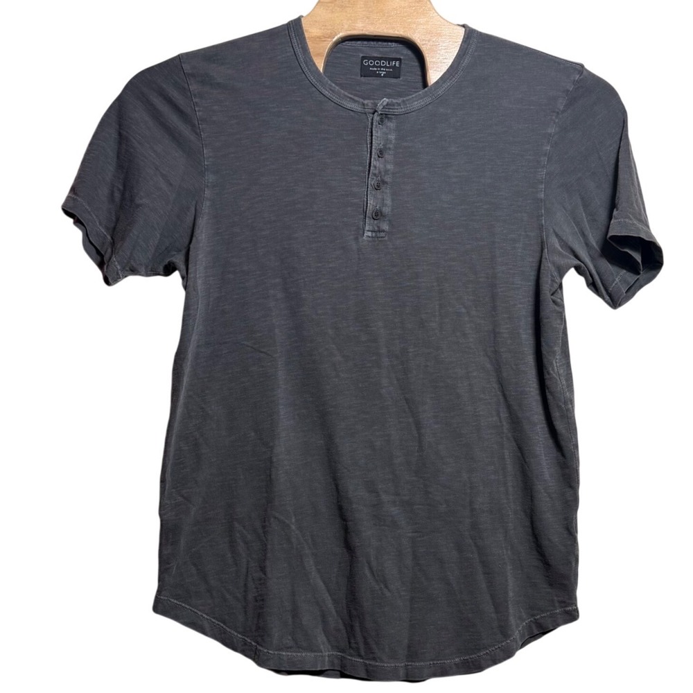 Goodlife Mens XL Gray Slub Cotton Short Sleeve Henley Scallop Hem Made in USA